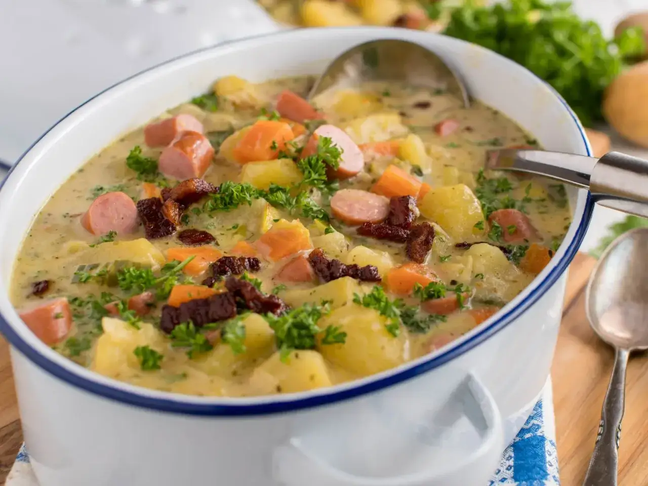 Pyszna zupa ziemniaczana przepis babci z kiełbasą, boczkiem i marchewką, udekorowana natką pietruszki.