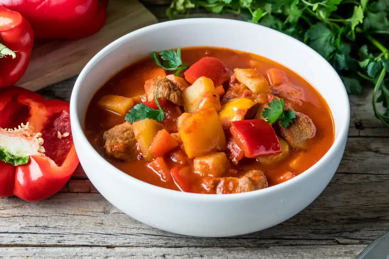 Aromaticzny bogracz z kawałkami mięsa, ziemniaków i papryki w głębokim, czerwonym sosie, udekorowany natką pietruszki.