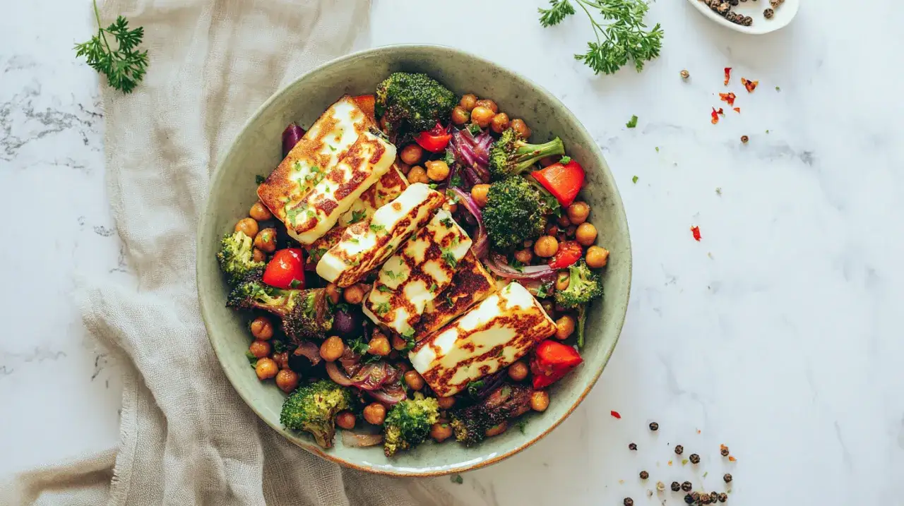 Sałatka z ciecierzycą, grillowanym serem halloumi, brokułami i pomidorkami. Ciecierzyca właściwości odżywcze w tej potrawie.