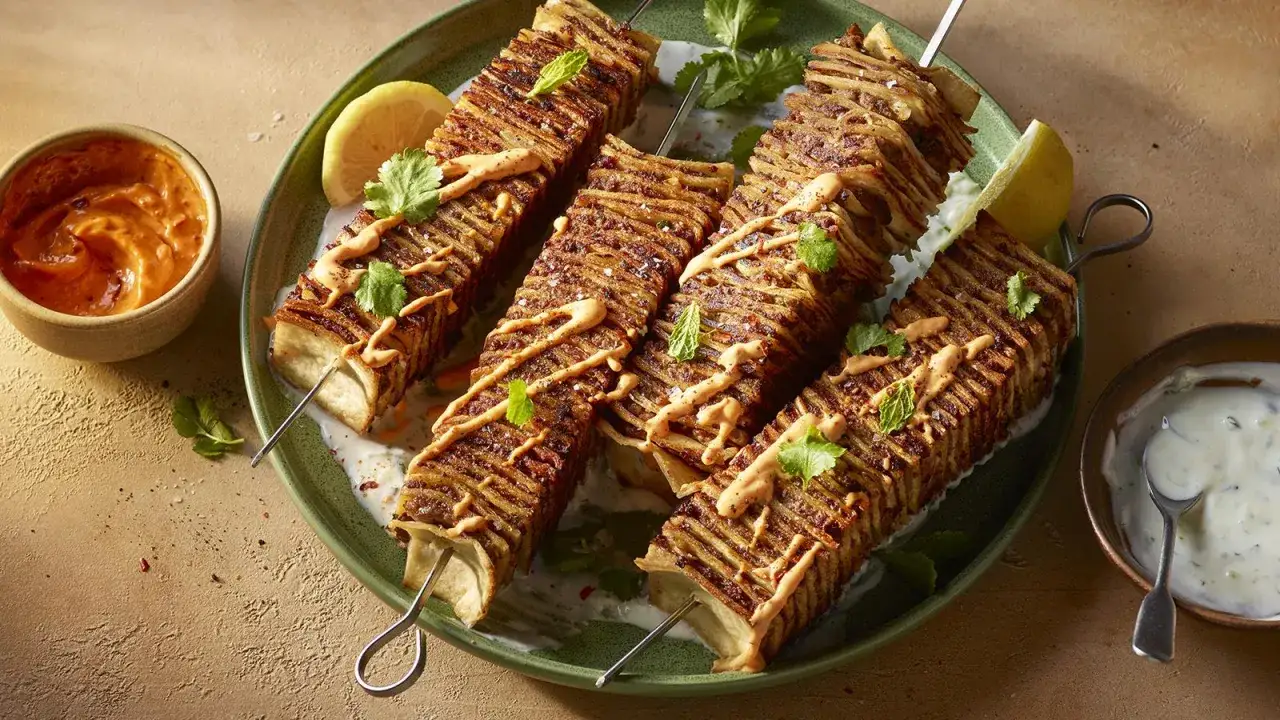 Kebab w tortilli na patykach, polany sosem, z cytryną i ziołami. Obok miseczki z sosem.