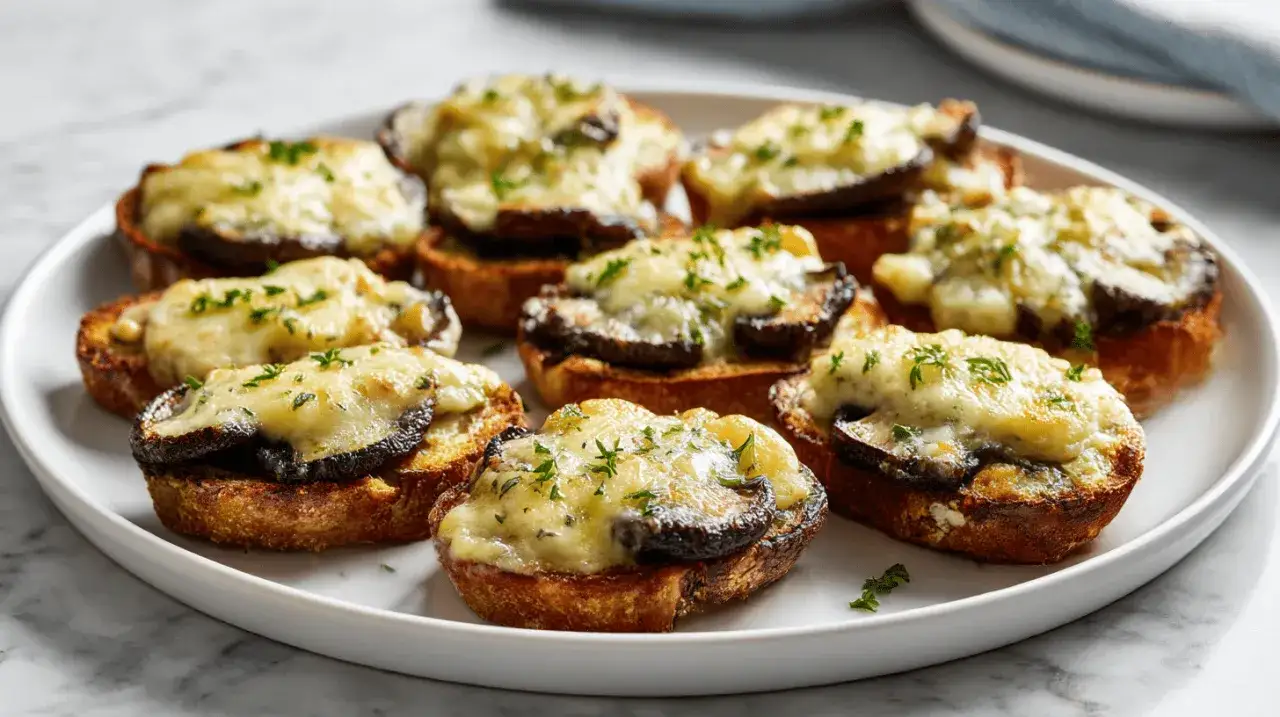 Chrupiące zapiekanki z airfryer z grzybami i ciągnącym się serem, posypane świeżą natką pietruszki.