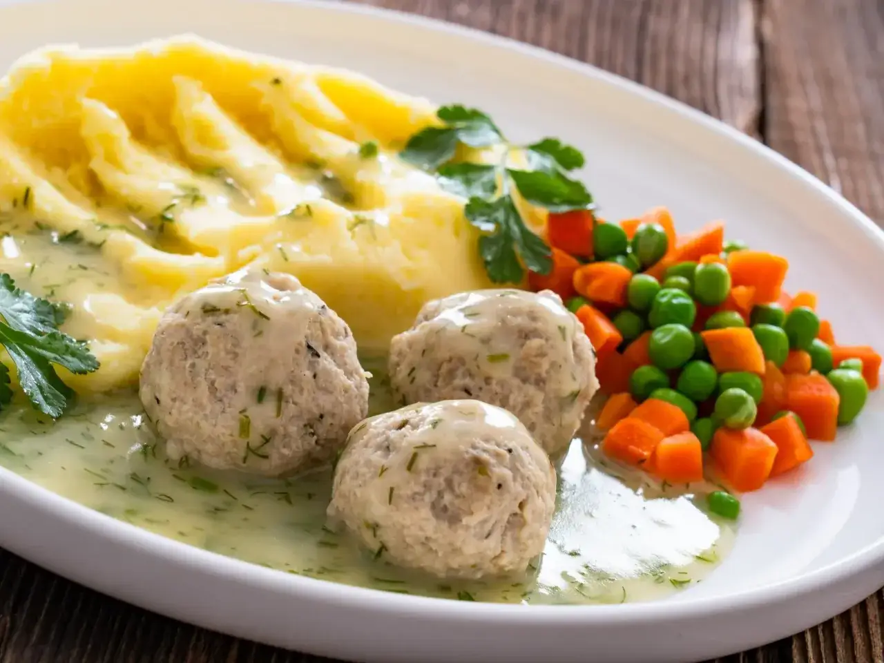 Pyszne klopsiki z mięsa z rosołu w sosie koperkowym, podane z puree ziemniaczanym i warzywami. Idealny sposób, co zrobić z mięsa z rosołu!