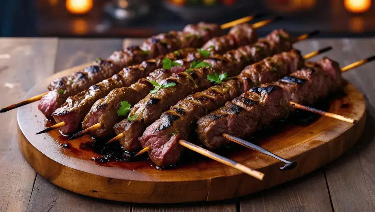 Na drewnianej desce leży kilka szaszłyków z soczystym, grillowanym mięsem. To prawdziwy kebab, pachnący i apetyczny, ozdobiony listkami pietruszki.