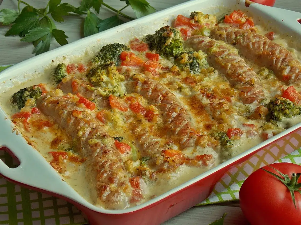 Zapiekana biała kiełbasa w sosie chrzanowo-musztardowym z brokułami i papryką, zapieczona pod serem.