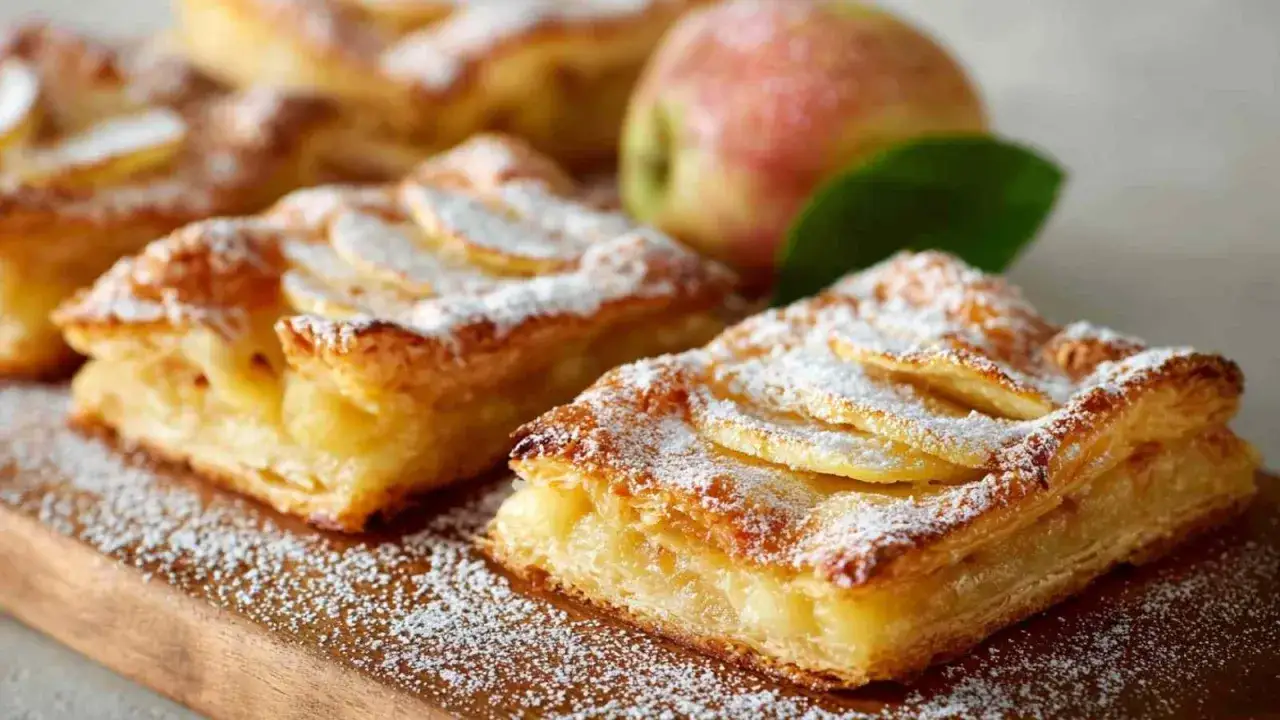 Pyszne ciasto francuskie z jabłkami, posypane cukrem pudrem, przygotowane w airfryer. Idealne na deser.