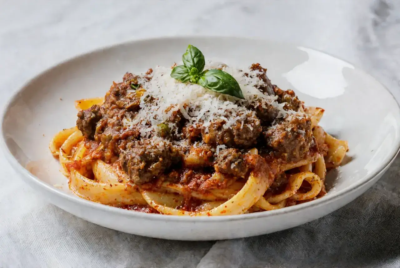 Pyszne tagliatelle z bogatym ragu mięsnym, posypane parmezanem i listkiem bazylii. Idealny przepis na ragu dla całej rodziny.