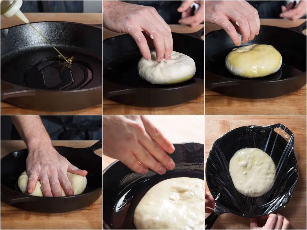 Proste ciasto na pizzę zawsze wychodzi. Oliwa na patelni, ciasto się formuje, rośnie i czeka pod folią.