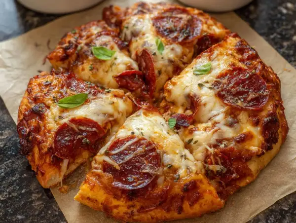 Pyszna pizza z pepperoni, z ciągnącym się serem i listkami bazylii, prosto z air fryera.