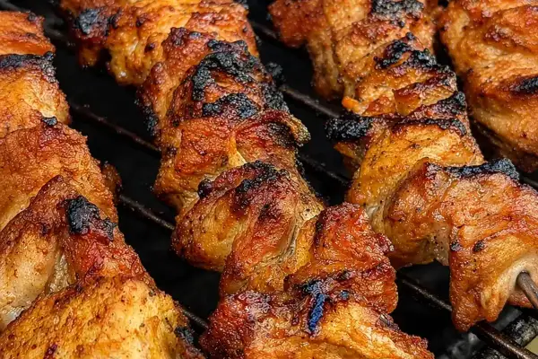 Szaszłyki z karkówki pieczone na grillu, apetycznie przypieczone, z widocznymi kawałkami mięsa na patykach.