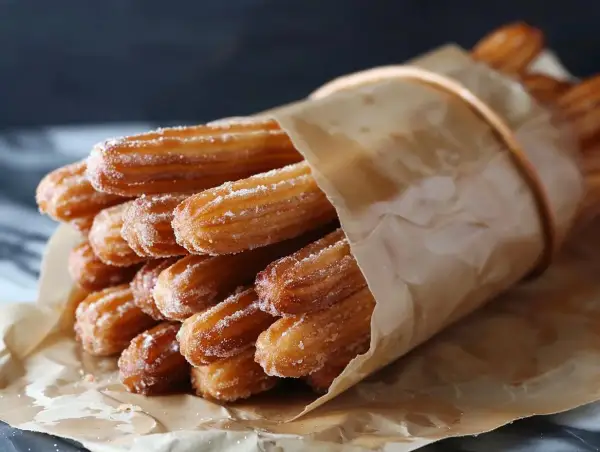 Pyszne, posypane cukrem churros, zawinięte w papier. Chcesz wiedzieć, churros co to? To smażone ciasto, idealne na deser!