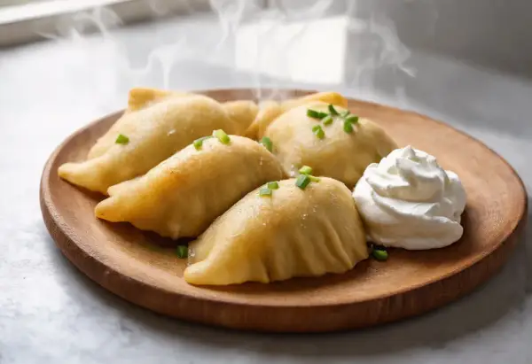 Gorące, parujące pierogi na drewnianym talerzu, ozdobione szczypiorkiem i porcją śmietany. Idealny przykład, jak ugotować pierogi.