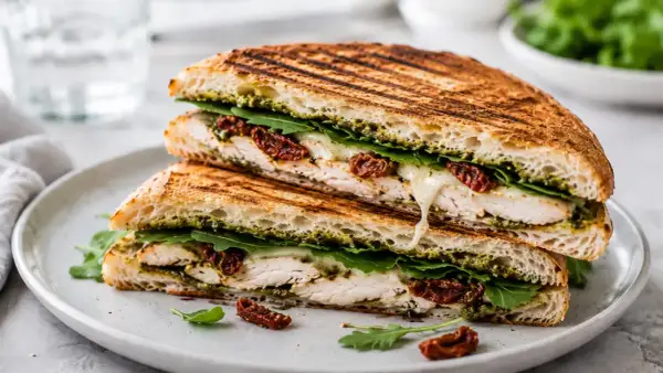 Pyszne panini z kurczakiem, mozzarellą, rukolą i suszonymi pomidorami, z sosem pesto. Idealne na lunch!