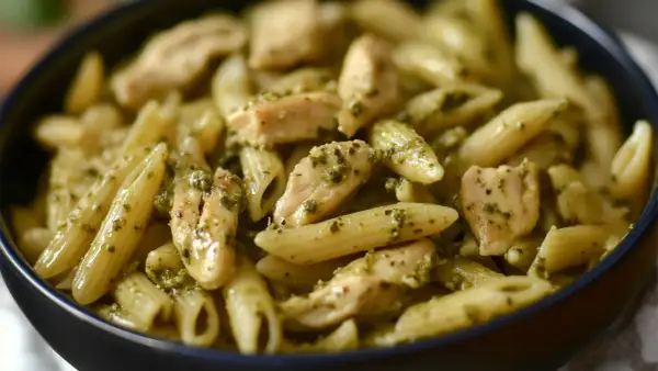 Penne z kurczakiem w sosie pesto, danie pełne smaku i aromatu.