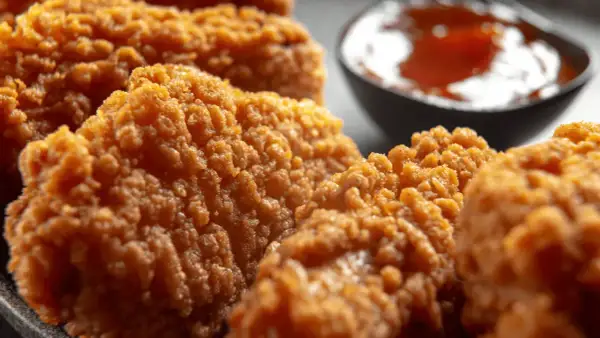 Chrupiące kawałki kurczaka w panierce, przypominającej panierkę KFC oryginalny przepis, z miseczką sosu w tle.