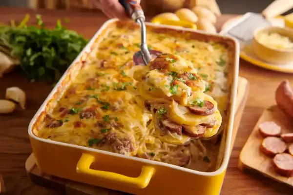 Zapiekanka ziemniaczana z kiełbasą, przypominająca smakiem pepperoni pizzę, w żółtym naczyniu, posypana natką pietruszki.
